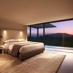 A well-lit modern bedroom with sleek minimalist furniture, floor-to-ceiling windows, and a neutral color scheme