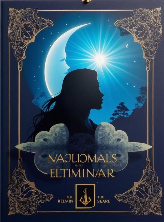 A visually striking artwork featuring a silhouette of a woman against a deep blue background, with a large crescent moon and radiant star in the sky