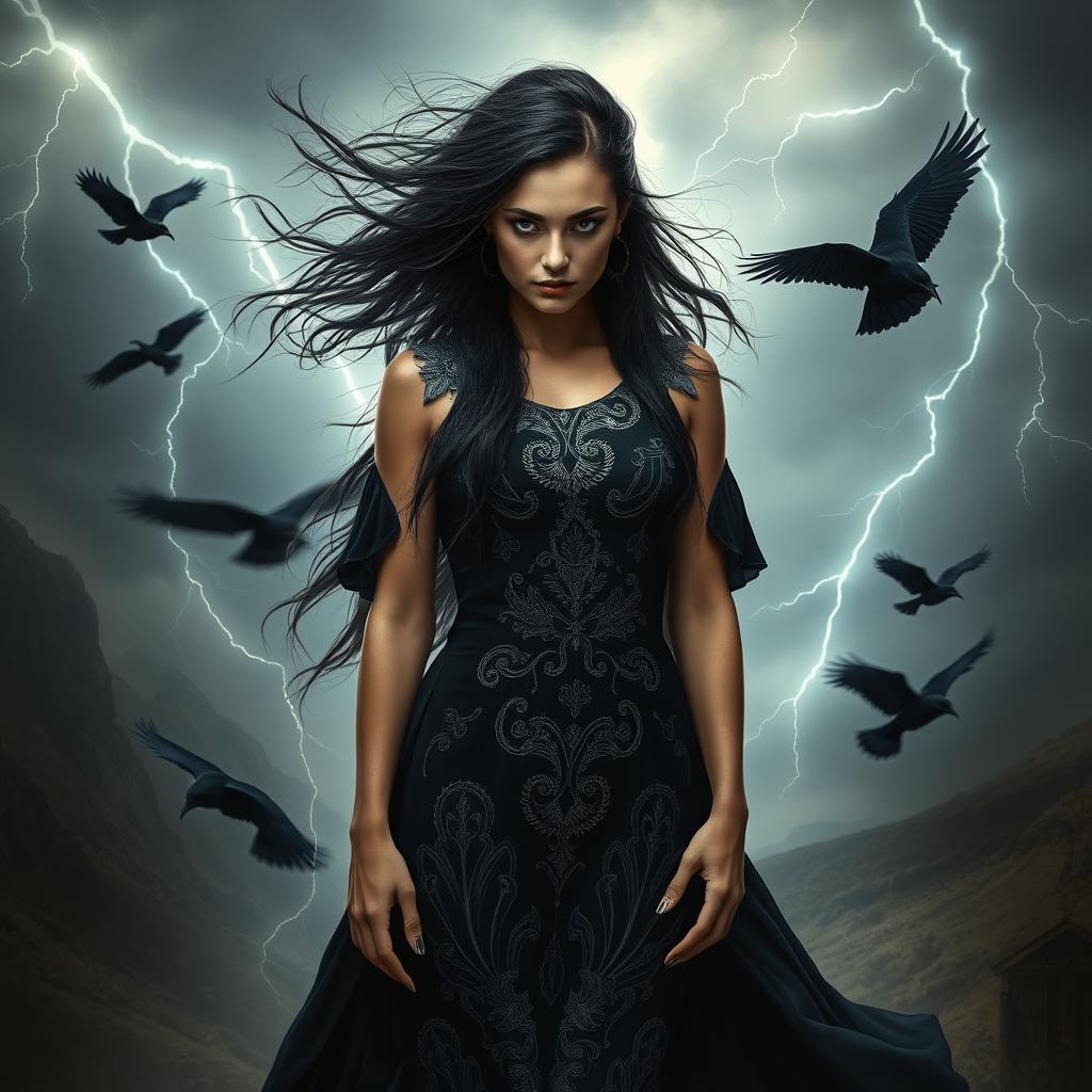 A striking portrait of Morrigan, the powerful and enchanting goddess from Celtic mythology