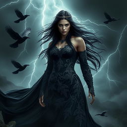 A striking portrait of Morrigan, the powerful and enchanting goddess from Celtic mythology