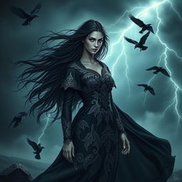 A striking portrait of Morrigan, the powerful and enchanting goddess from Celtic mythology