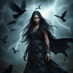 A striking portrait of Morrigan, the powerful and enchanting goddess from Celtic mythology