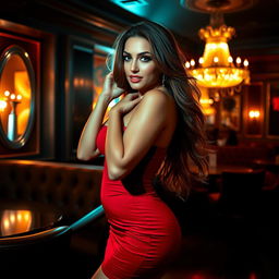 An alluring figure of a confident woman in a form-fitting red dress, striking a playful pose in an upscale lounge