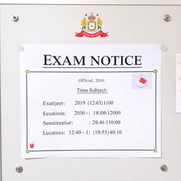 An official exam notice displayed on a bulletin board, elegantly designed with a white background