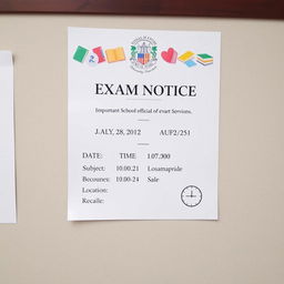 An official exam notice displayed on a bulletin board, elegantly designed with a white background