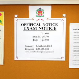 An official exam notice displayed on a bulletin board, elegantly designed with a white background