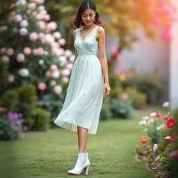 A young woman elegantly dressed in a beautiful, flowing dress characterized by soft pastel colors