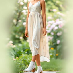 A young woman elegantly dressed in a beautiful, flowing dress characterized by soft pastel colors