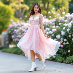 A young woman elegantly dressed in a beautiful, flowing dress characterized by soft pastel colors