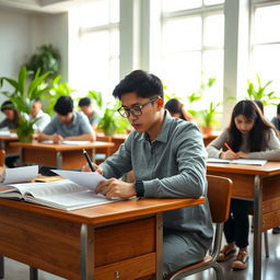 A focused bachelor student sitting at a wooden desk in a bright examination hall, surrounded by other students quietly working on their exams