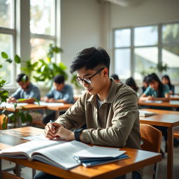 A focused bachelor student sitting at a wooden desk in a bright examination hall, surrounded by other students quietly working on their exams
