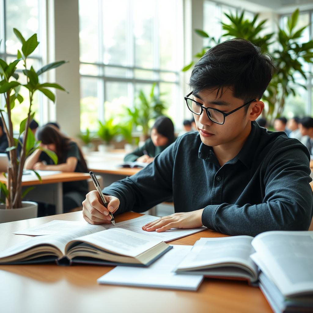 A focused bachelor student sitting at a wooden desk in a bright examination hall, surrounded by other students quietly working on their exams