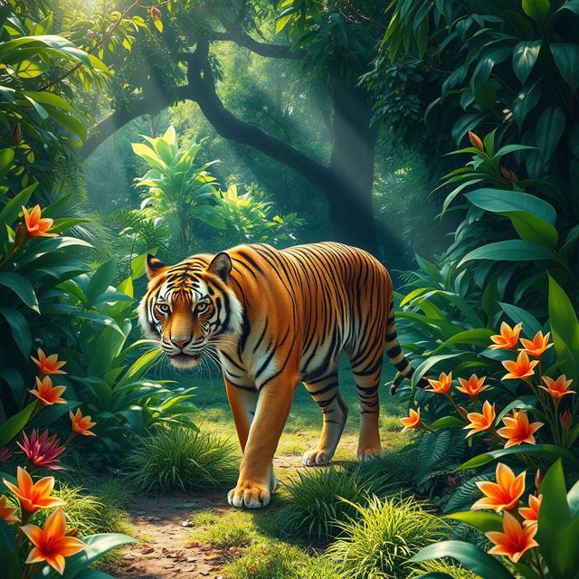 A majestic tiger walking through a lush jungle, surrounded by vibrant green foliage and colorful tropical flowers