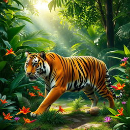 A majestic tiger walking through a lush jungle, surrounded by vibrant green foliage and colorful tropical flowers