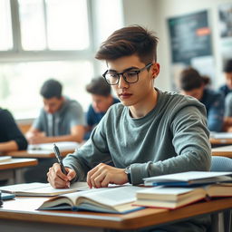 A focused bachelor student sitting at a desk during an exam, surrounded by books and notes, with a pen in hand