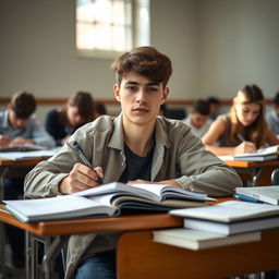 A focused bachelor student sitting at a desk during an exam, surrounded by books and notes, with a pen in hand