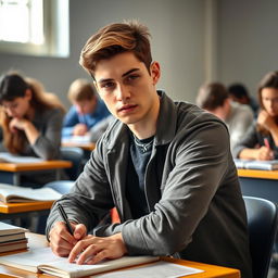 A focused bachelor student sitting at a desk during an exam, surrounded by books and notes, with a pen in hand