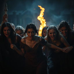A dramatic and intense scene depicting a group of women, with expressions of fear and desperation, being dragged through an eerie setting reminiscent of a dark medieval fantasy