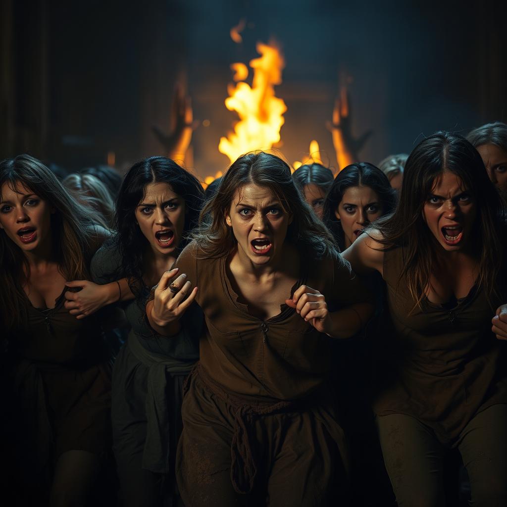 A dramatic and intense scene depicting a group of women, with expressions of fear and desperation, being dragged through an eerie setting reminiscent of a dark medieval fantasy