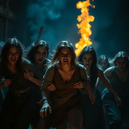 A dramatic and intense scene depicting a group of women, with expressions of fear and desperation, being dragged through an eerie setting reminiscent of a dark medieval fantasy
