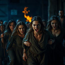 A dramatic and intense scene depicting a group of women, with expressions of fear and desperation, being dragged through an eerie setting reminiscent of a dark medieval fantasy