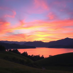 A beautiful, serene landscape depicting a sunset over a calm lake