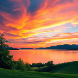 A beautiful, serene landscape depicting a sunset over a calm lake