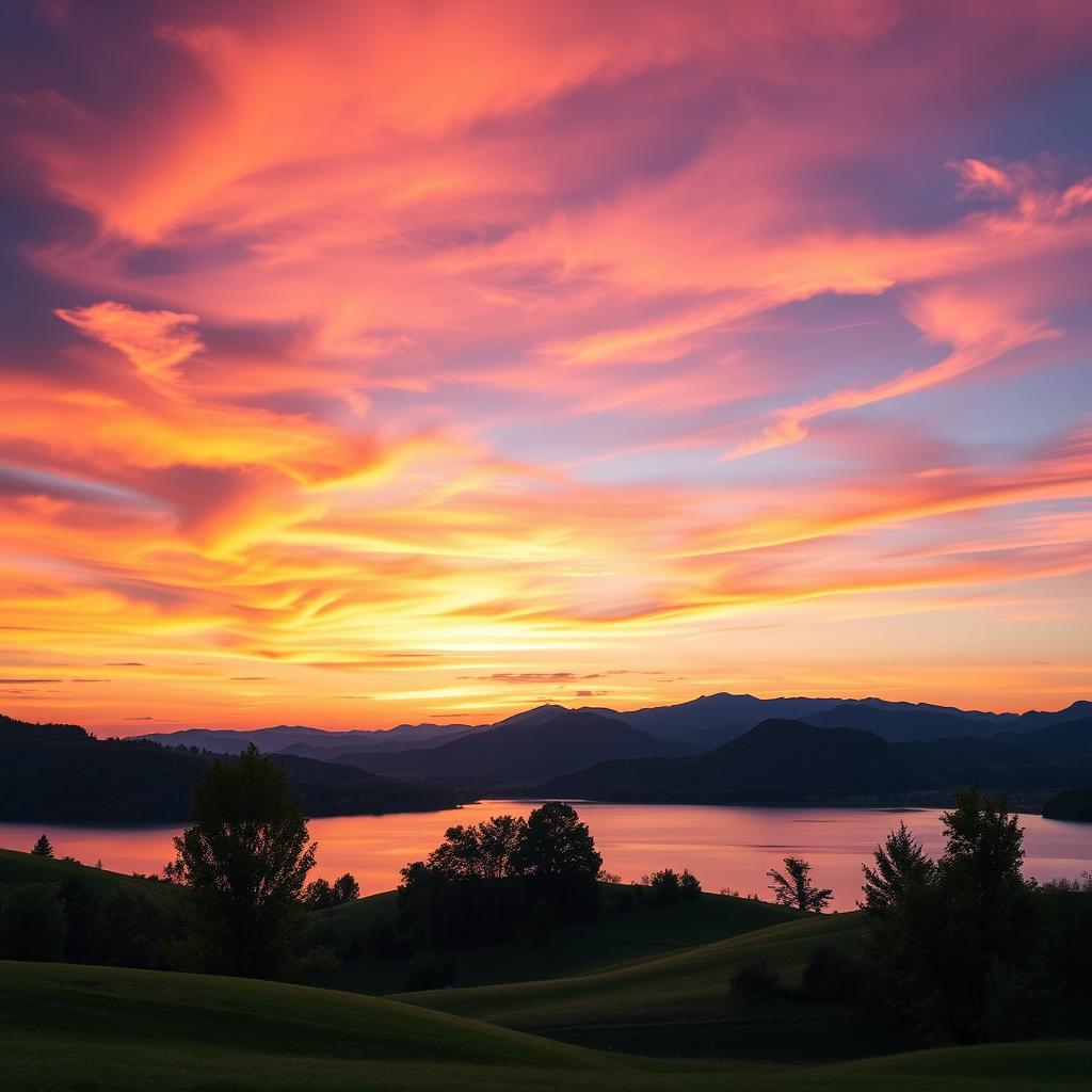 A beautiful, serene landscape depicting a sunset over a calm lake