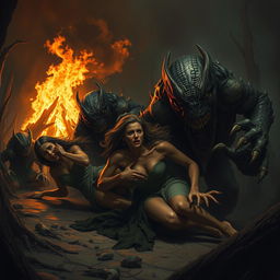A dramatic and intense scene depicting women being dragged by menacing, grotesque monsters in a dark, ominous environment, resembling an ancient forest or a war-torn landscape