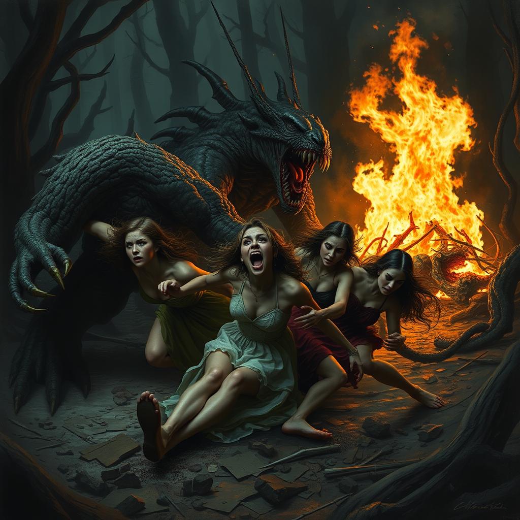 A dramatic and intense scene depicting women being dragged by menacing, grotesque monsters in a dark, ominous environment, resembling an ancient forest or a war-torn landscape