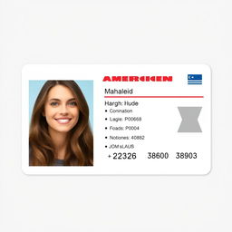 A realistic American ID card featuring a 32-year-old young lady with long brown hair and blue eyes, smiling softly