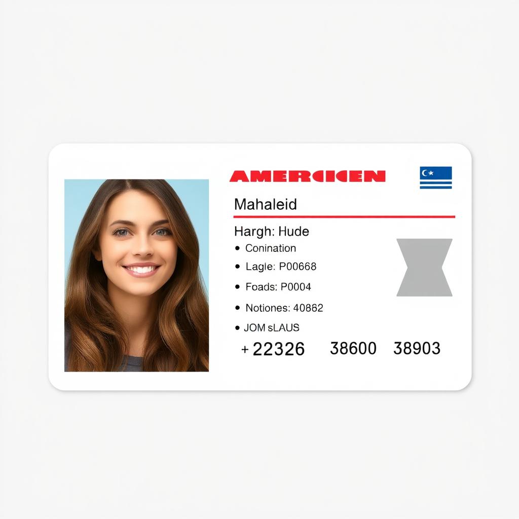 A realistic American ID card featuring a 32-year-old young lady with long brown hair and blue eyes, smiling softly