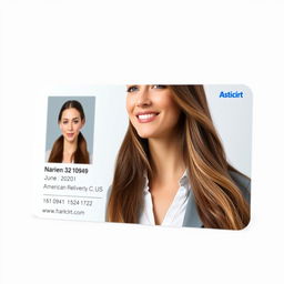 A realistic American ID card featuring a 32-year-old young lady with long brown hair and blue eyes, smiling softly