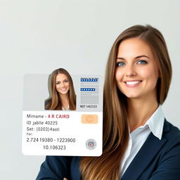 A realistic American ID card featuring a 32-year-old young lady with long brown hair and blue eyes, smiling softly