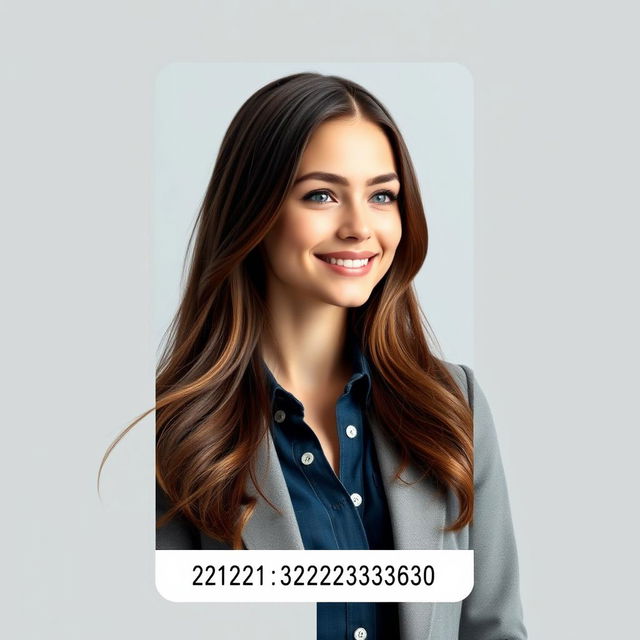 A realistic American ID card featuring a 32-year-old young lady with long brown hair and blue eyes, smiling softly