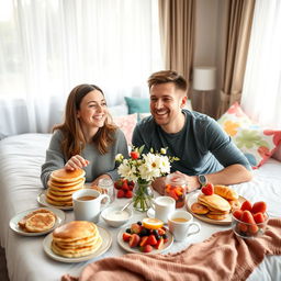 A joyful man and woman sitting together at a beautifully arranged breakfast table in a cozy bedroom