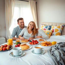 A joyful man and woman sitting together at a beautifully arranged breakfast table in a cozy bedroom