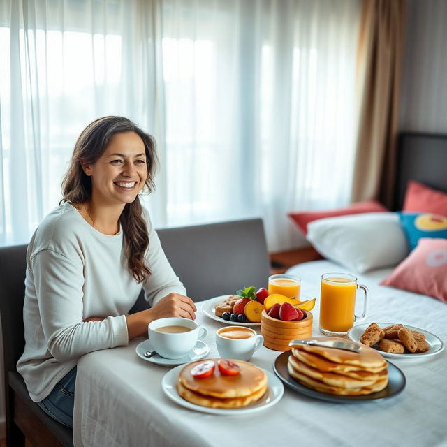 A joyful man and woman sitting together at a beautifully arranged breakfast table in a cozy bedroom