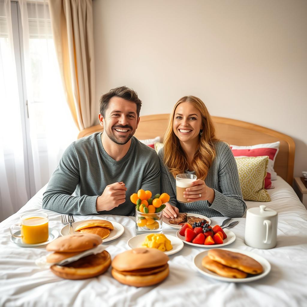 A joyful man and woman sitting together at a beautifully arranged breakfast table in a cozy bedroom