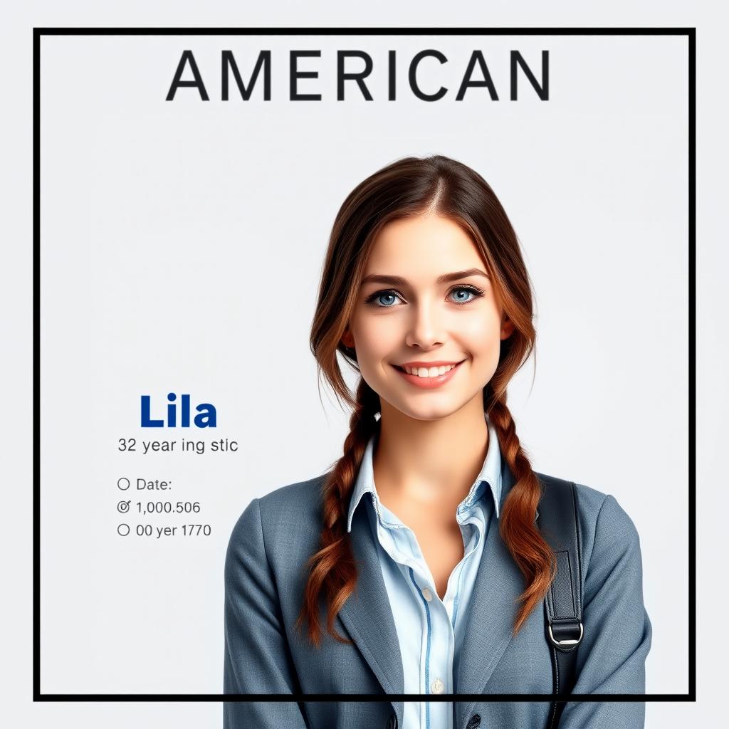 A realistic American ID card featuring a 32-year-old young lady named Lila