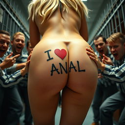 A close-up image of a blonde woman's naked round and sexy buttocks as she bends over, prominently featuring a bold "I LOVE ANAL" sign tattoo on her backside