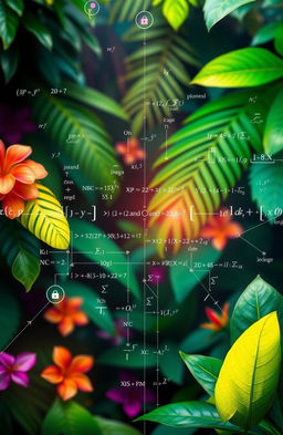 Exploring secure communication through tropical increasing matrices in public key cryptography, featuring an abstract representation of tropical mathematics, with vibrant tropical colors, lush jungle foliage in the background, and complex mathematical symbols and equations integrated into the design