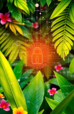 Exploring secure communication through tropical increasing matrices in public key cryptography, featuring an abstract representation of tropical mathematics, with vibrant tropical colors, lush jungle foliage in the background, and complex mathematical symbols and equations integrated into the design