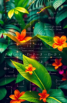 Exploring secure communication through tropical increasing matrices in public key cryptography, featuring an abstract representation of tropical mathematics, with vibrant tropical colors, lush jungle foliage in the background, and complex mathematical symbols and equations integrated into the design