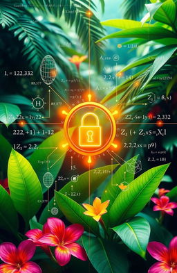 Exploring secure communication through tropical increasing matrices in public key cryptography, featuring an abstract representation of tropical mathematics, with vibrant tropical colors, lush jungle foliage in the background, and complex mathematical symbols and equations integrated into the design