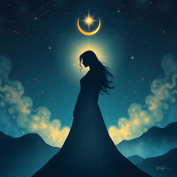 An artistic illustration depicting a feminine figure in a mystical night scene