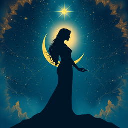An artistic illustration depicting a feminine figure in a mystical night scene