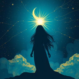 An artistic illustration depicting a feminine figure in a mystical night scene