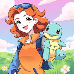 A bronze wavy-haired female Pokémon trainer with white skin and cute freckles, dressed in a vibrant and trendy trainer outfit