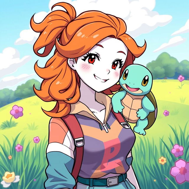 A bronze wavy-haired female Pokémon trainer with white skin and cute freckles, dressed in a vibrant and trendy trainer outfit